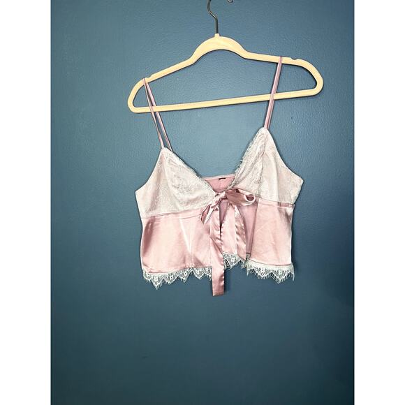 Pink Crop Top Women's Size Large/XL Coquette Preppy Girly Girl Tie Front Silky - Picture 2 of 8